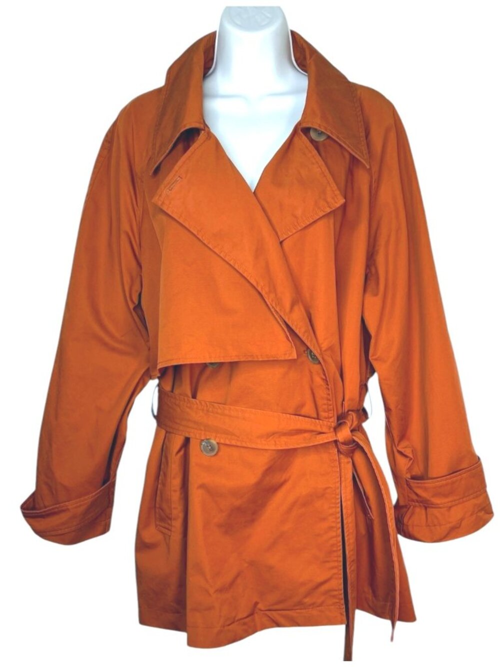 Lattelier Cotton Trench Coat Belted Swing Double Breasted Burnt Orange Large Fal